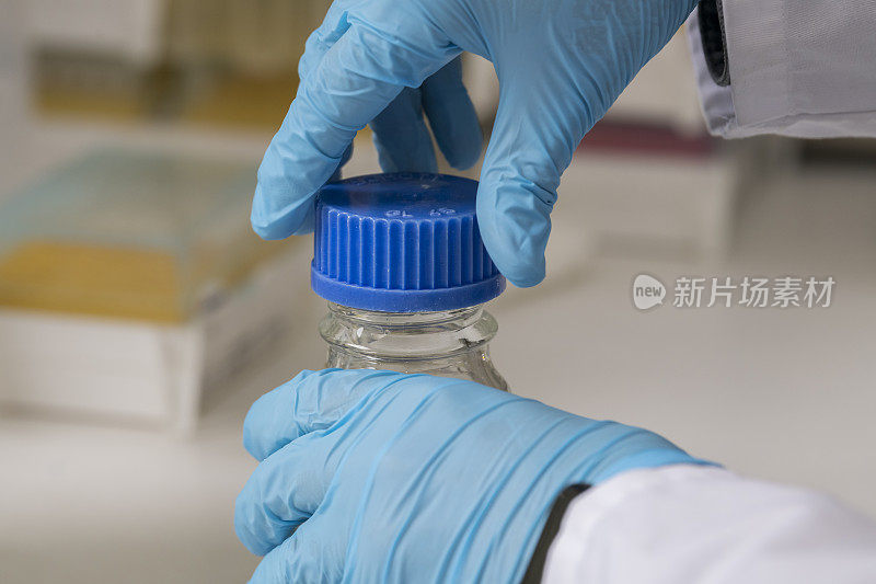 A hand with blue nitril glove putting a blue screw cap on a glass laboratory flask. Science laboratory, lab, labcoat, biotechnology, research and development
